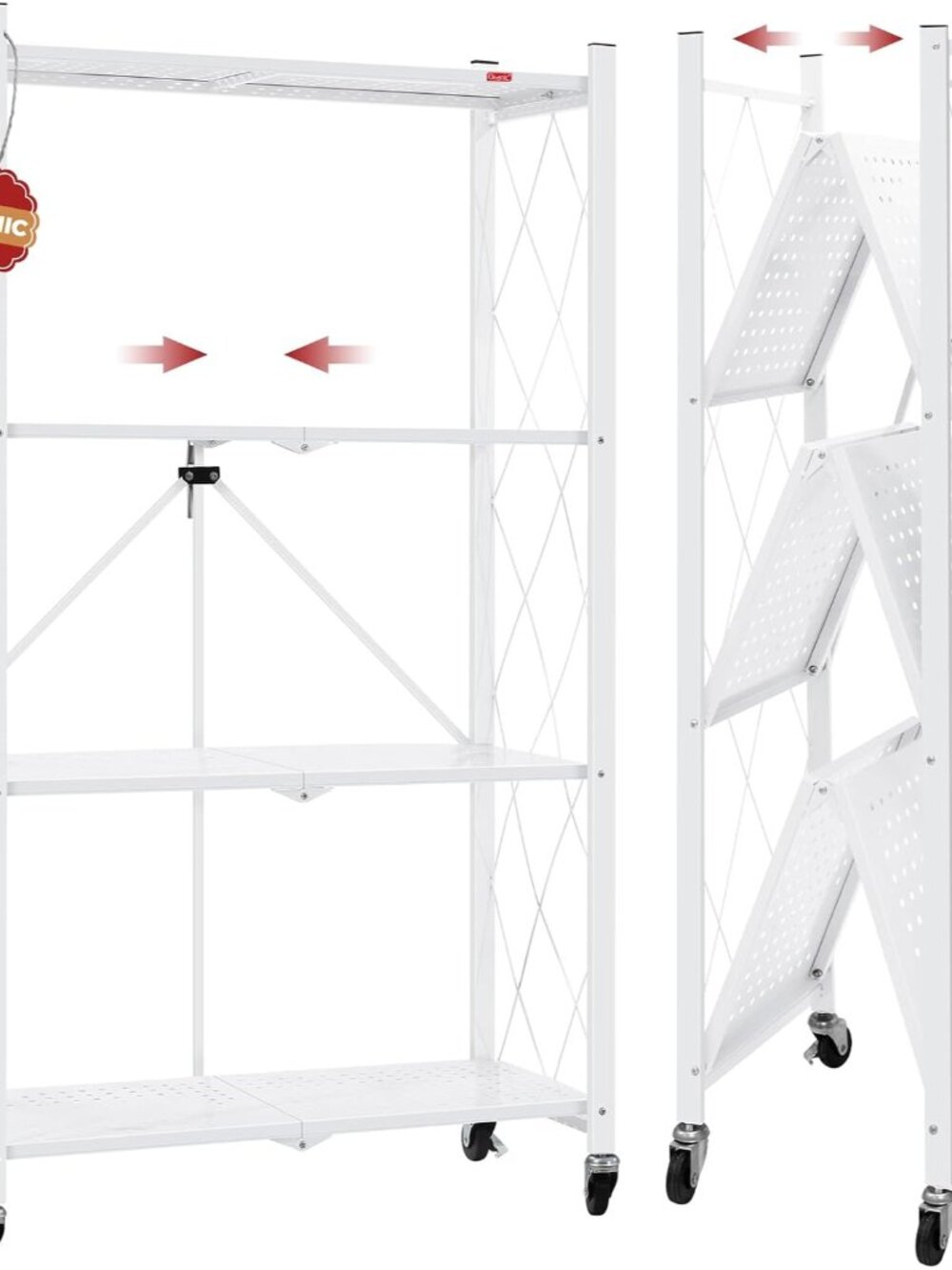4 Tier Foldable Storage Shelves with Wheels, Large Capacity Shelving Unit, Frees